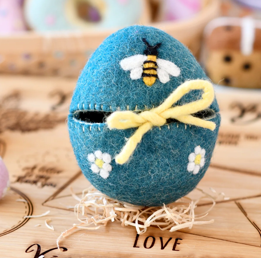 Felt Egg Cover - Blue With Bee Motif