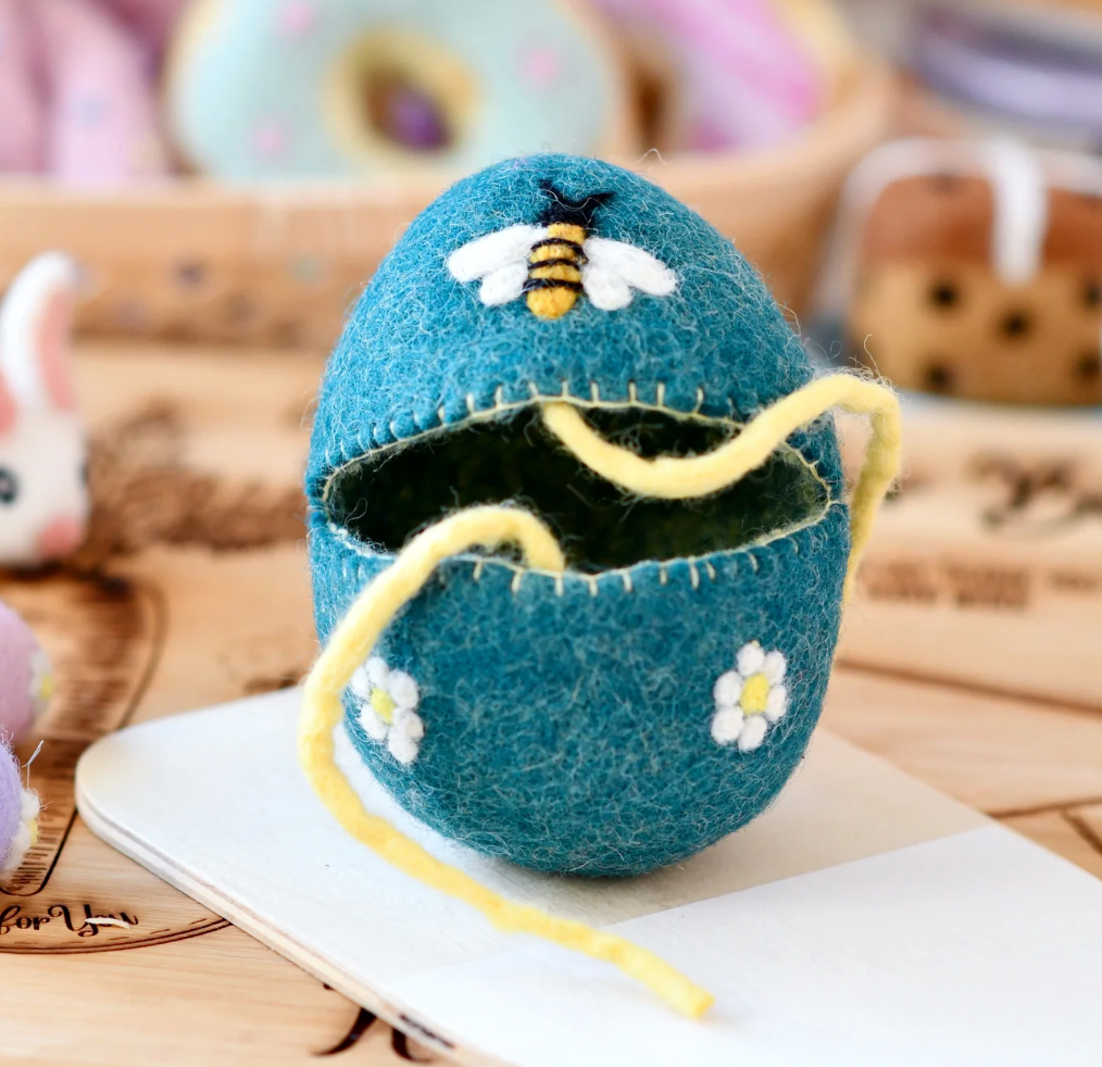 Felt Egg Cover - Blue With Bee Motif