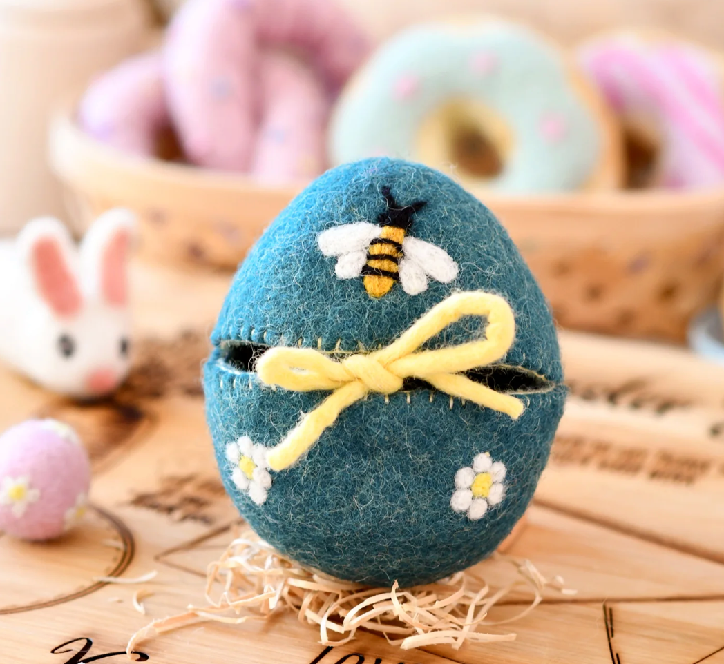 Felt Egg Cover - Blue With Bee Motif