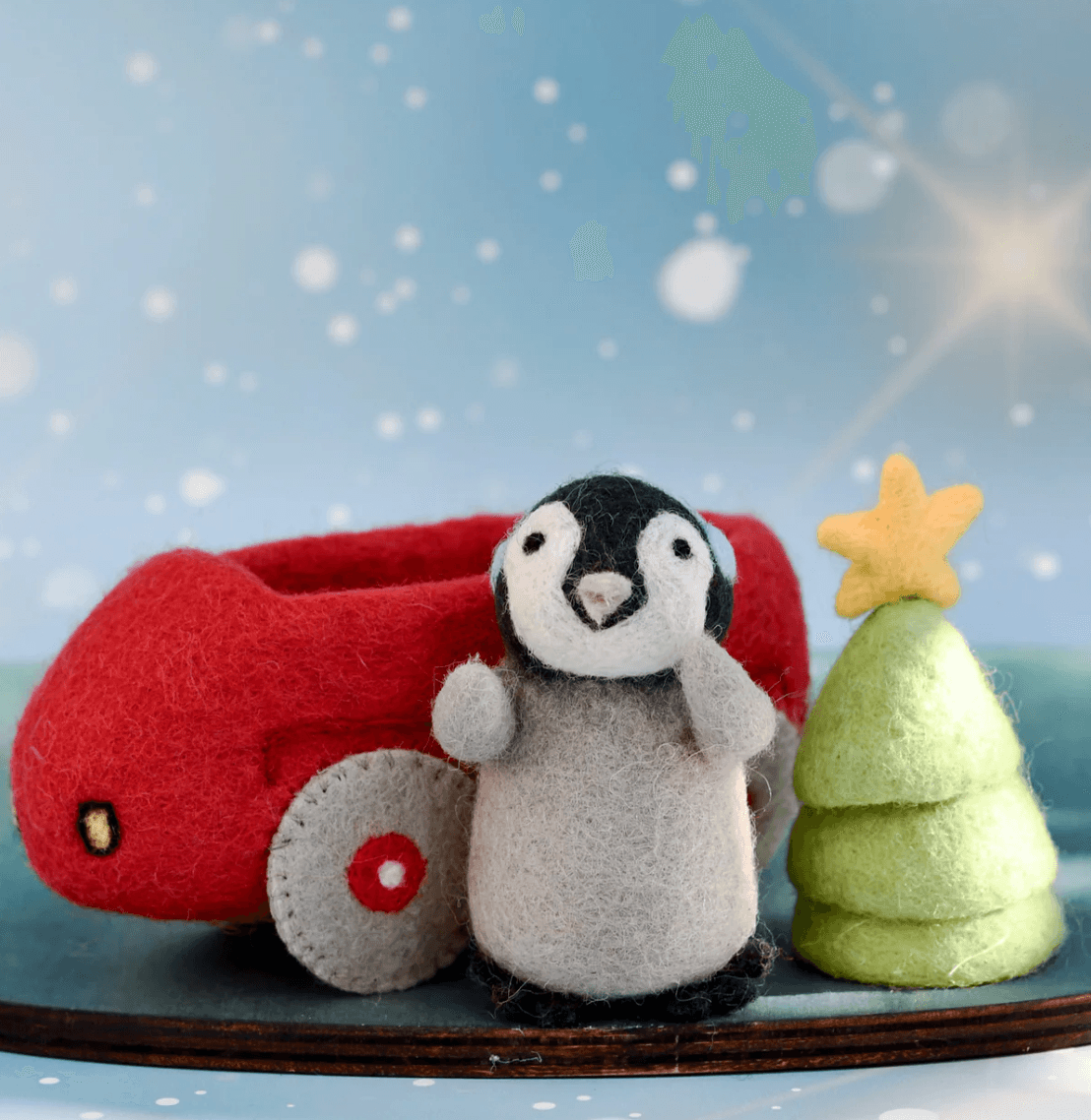 Tara Treasures // Felt Penguin in Toy Car &amp; Christmas Tree