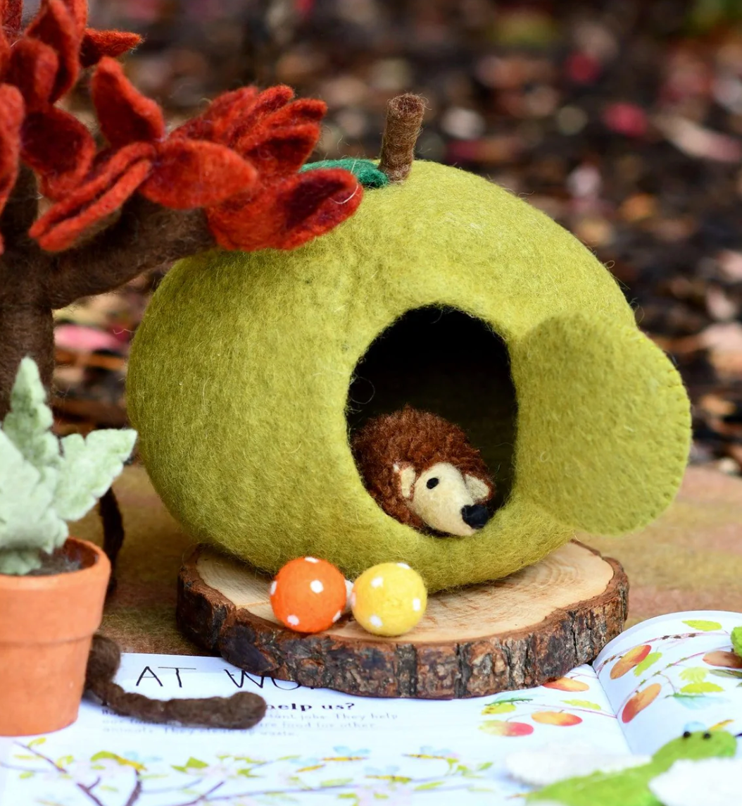 Felt Green Apple House With Hedgehog Toy