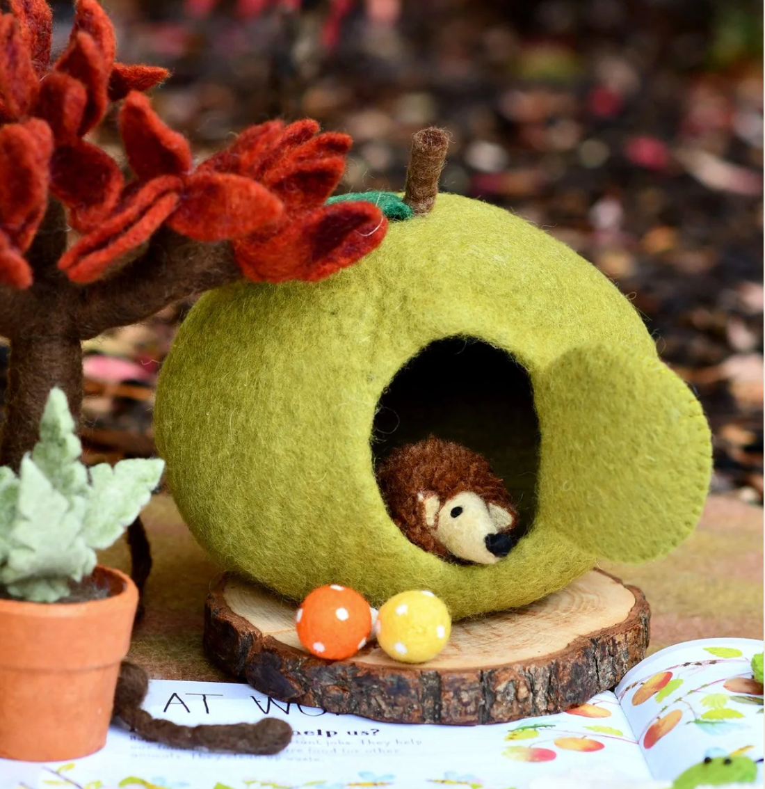 Felt Green Apple House With Hedgehog Toy