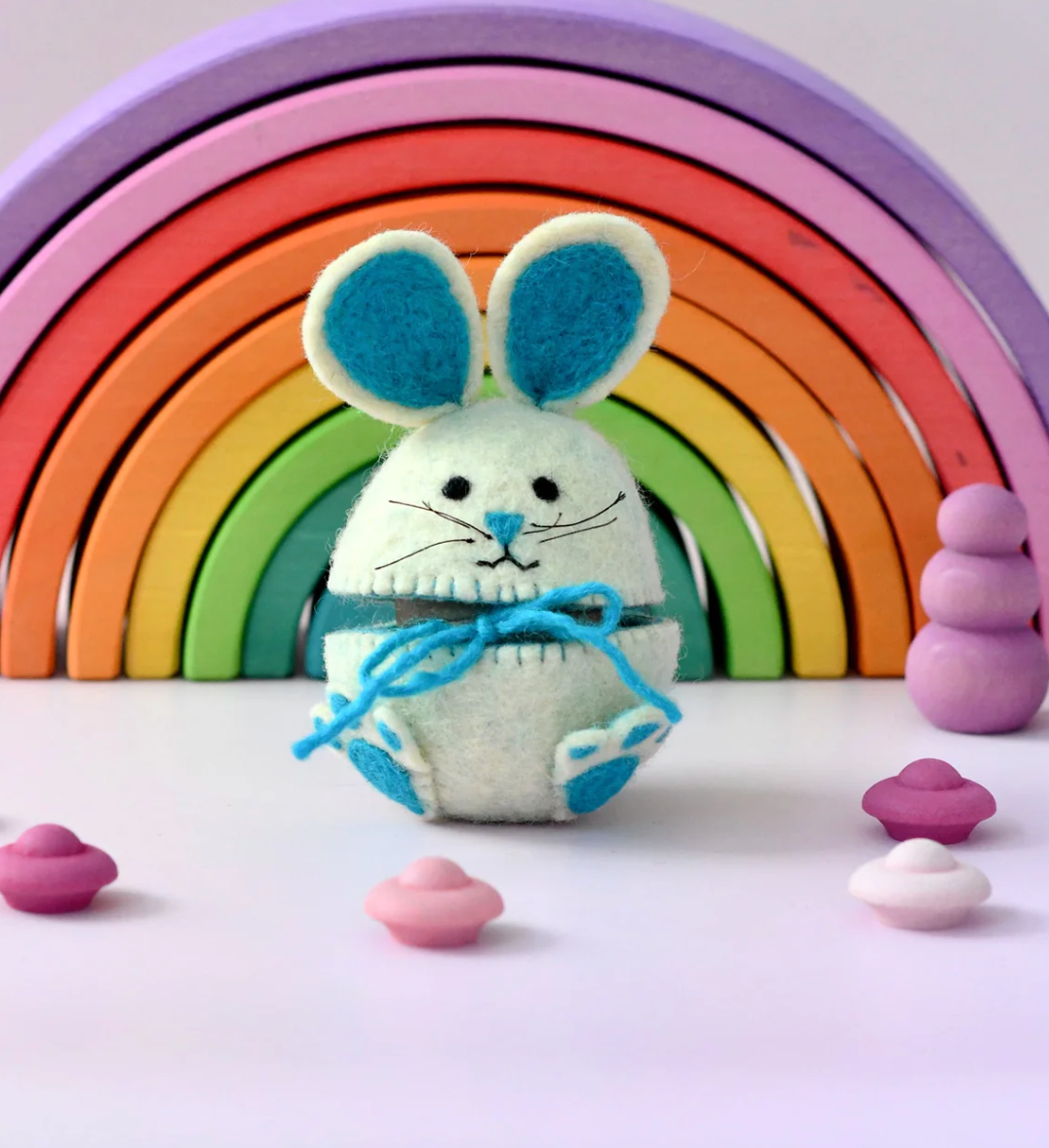 Tara Treasures // Felt Egg Cover - Hopping Bunny With Blue Ears