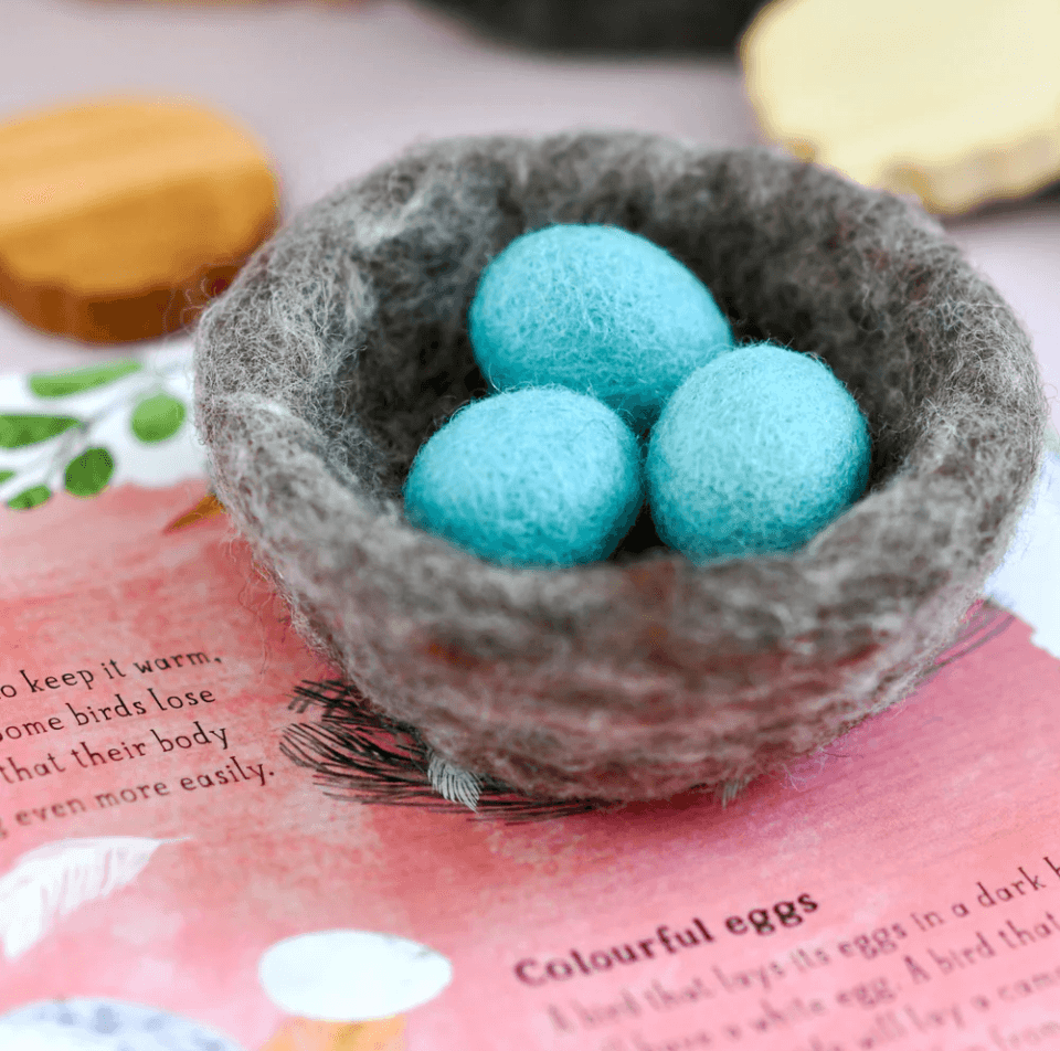 The Curated Parcel - Felt Nest With 3 Blue Robin Eggs 